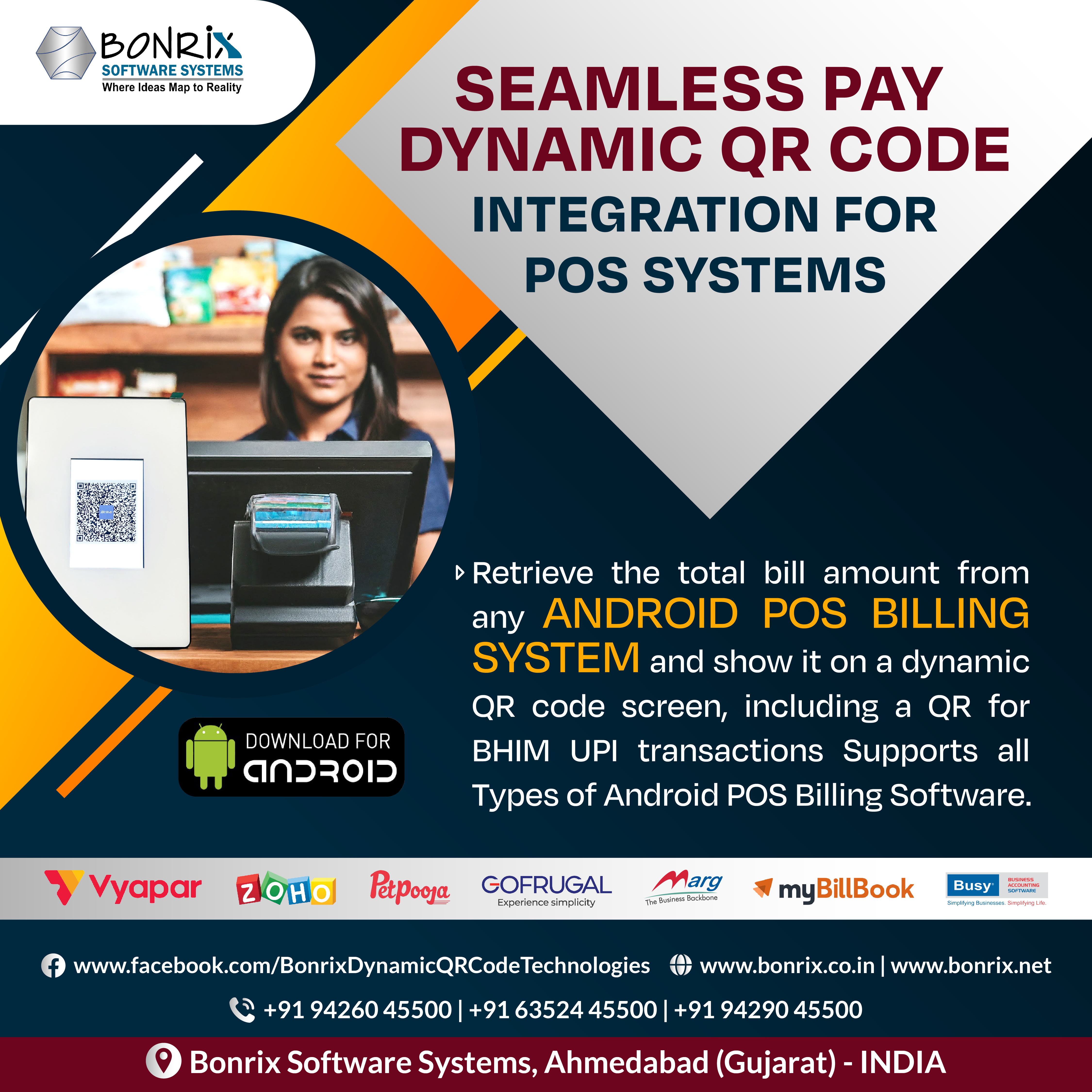 Bonrix Seamless Pay app interface for dynamic QR code integration with POS systems